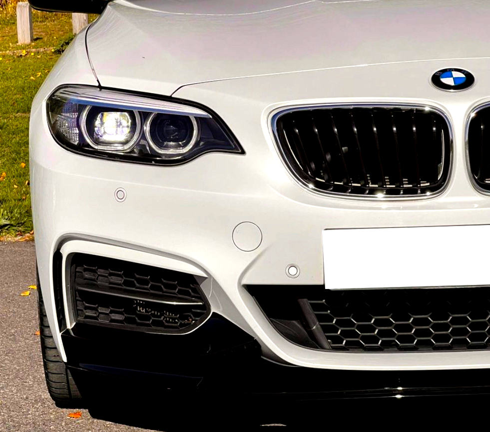 A white car's front showcases modern headlights and a signature grille. It's parked on asphalt, with grass and fallen leaves visible in the background.