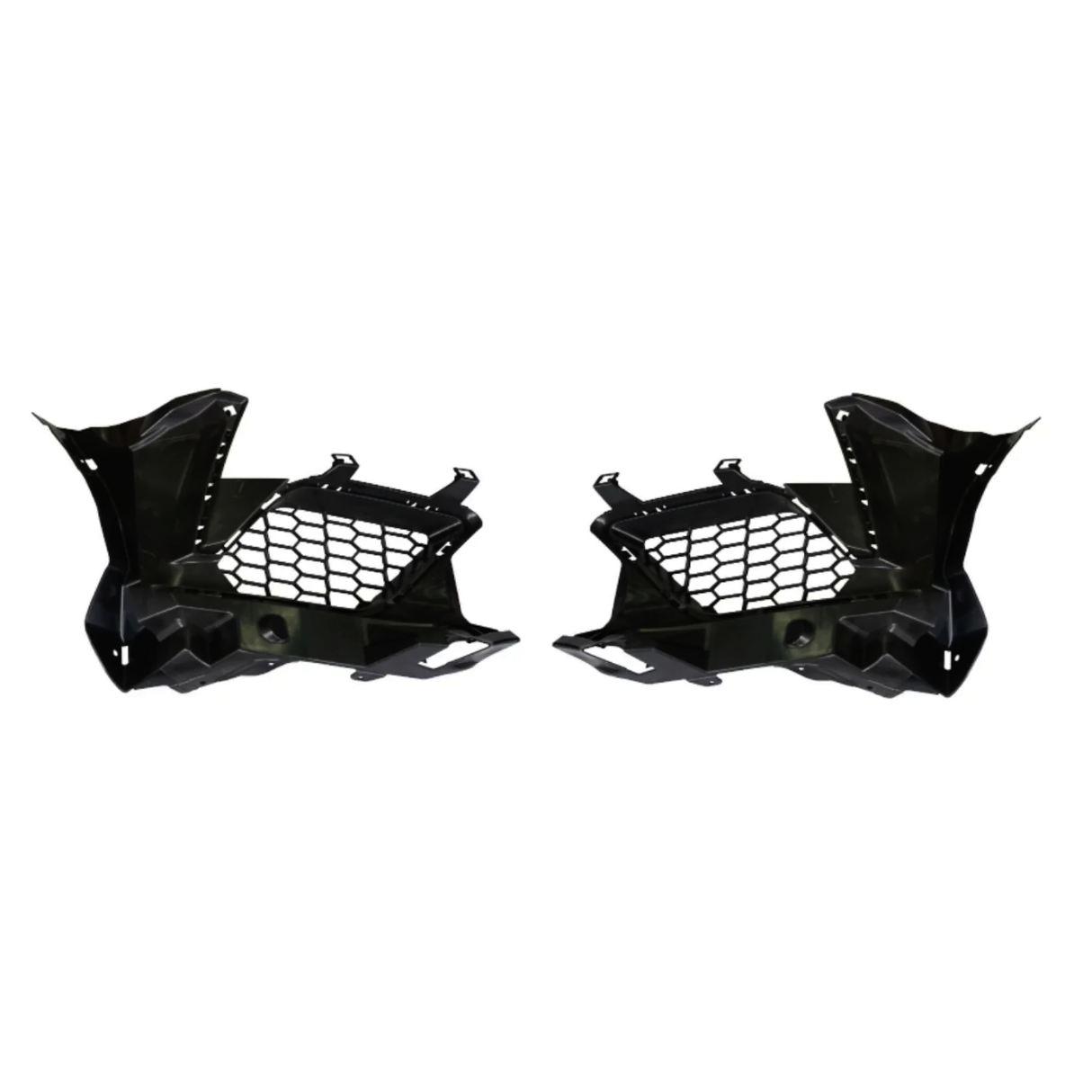 Two black metal brackets with honeycomb-patterned sections, positioned symmetrically facing each other, likely used in automotive assemblies, set against a plain white background.