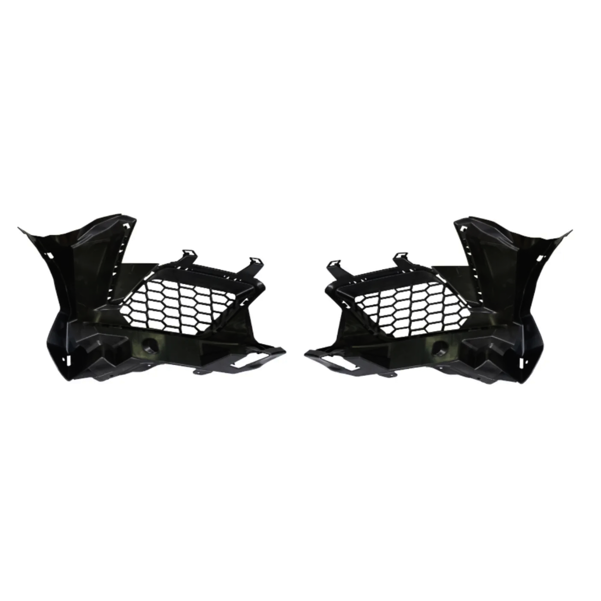 Two black metal brackets with honeycomb-patterned sections, positioned symmetrically facing each other, likely used in automotive assemblies, set against a plain white background.