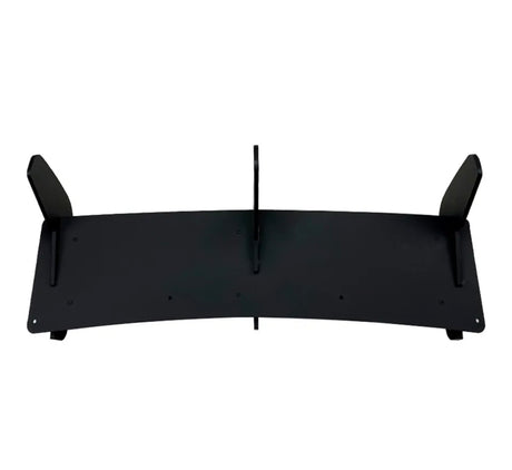 A black car spoiler is positioned horizontally with upward-turned side fins and a central support, displayed on a plain white background.
