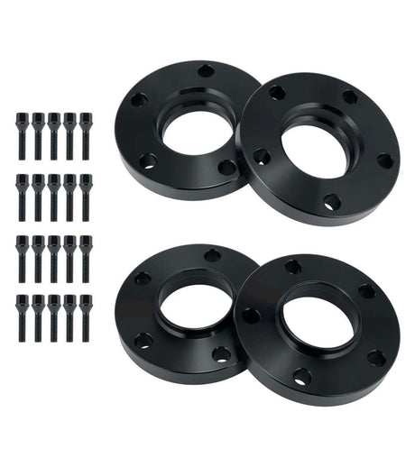 Four black circular flanges with five bolt holes each are accompanied by twenty identical black bolts, all arranged on a plain white background.