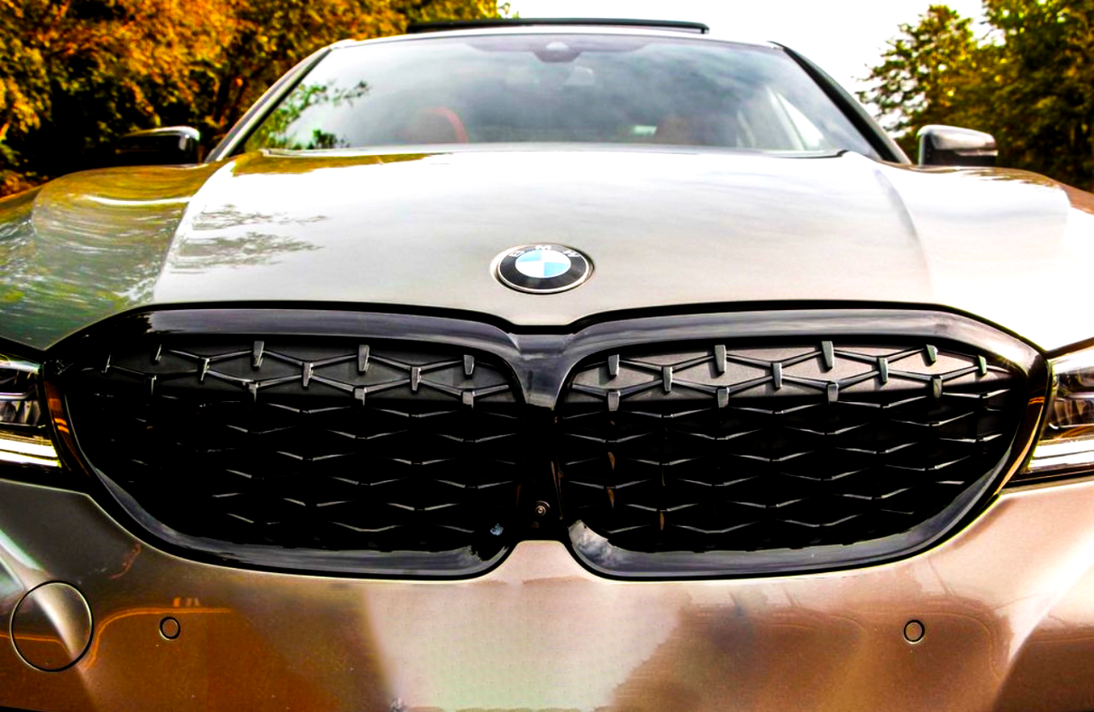 A car is parked, displaying a prominent front grille and BMW logo, surrounded by autumn trees.
