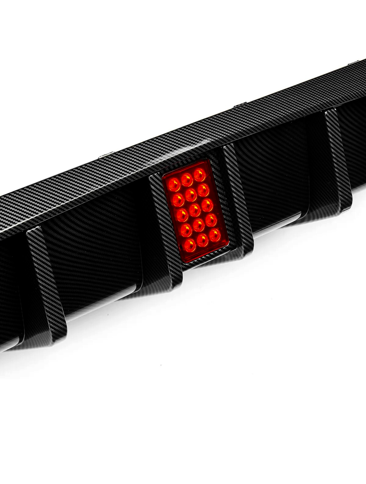 A carbon fiber car diffuser featuring a cluster of illuminated red LED lights, set against a plain white background.
