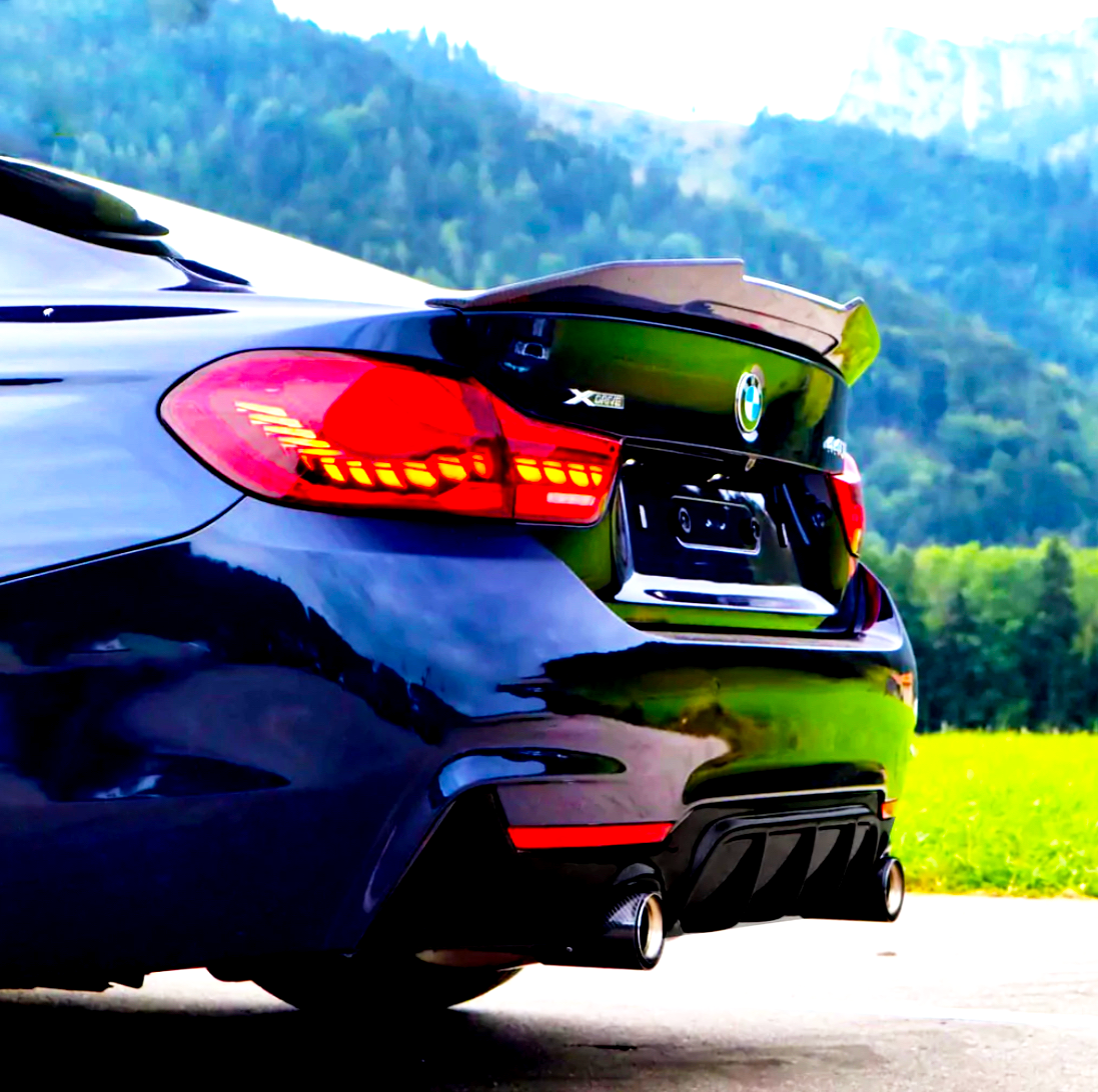 A black BMW car with a visible "X" badge is stationary, tail lights glowing, on a paved road. It's set against a green mountainous landscape under a blue sky.