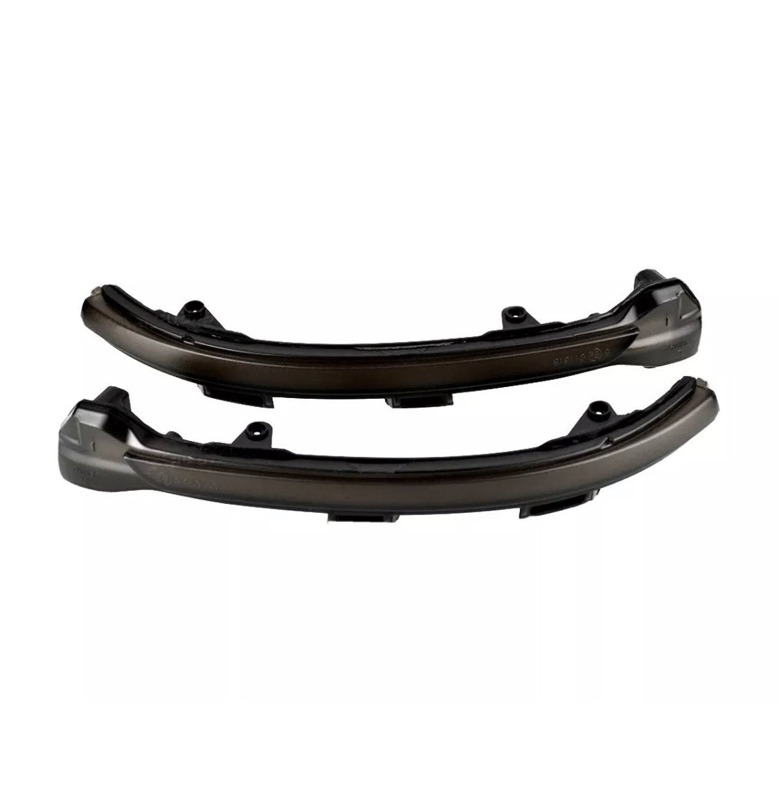 Curved black automotive light covers are positioned side by side on a plain white background; used for vehicle signal lights.