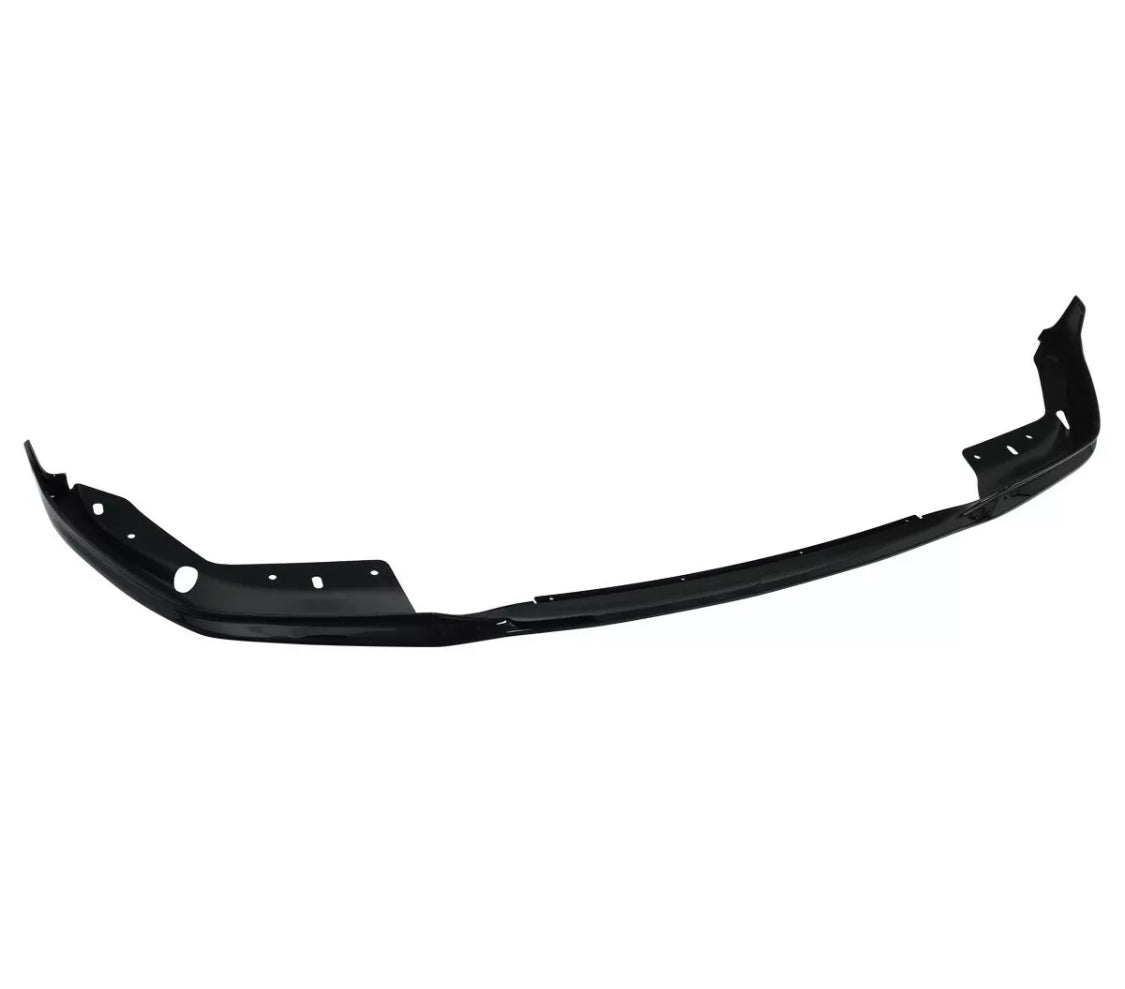 A black, curved car bumper with mounting holes spans horizontally against a plain white background.