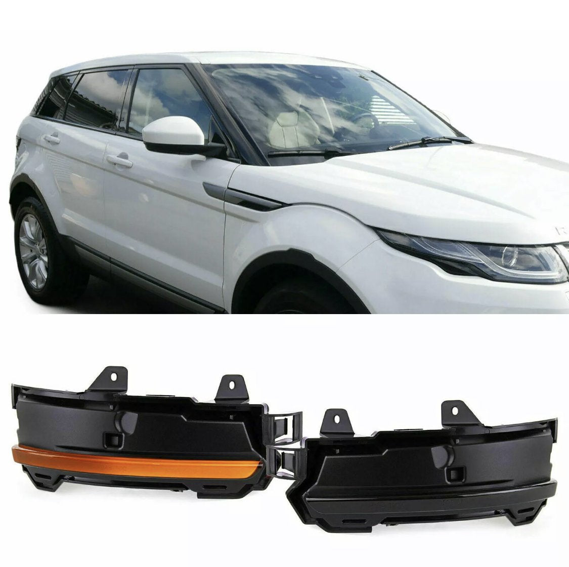 A white SUV is parked, reflecting a cloudy sky on its windows. Below are two black and orange car parts, likely fog light covers, against a white background.