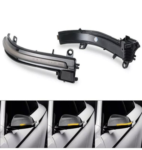 Curved LED car mirror indicator lights are shown detached above, with lower images illustrating their placement on side mirrors, transitioning from off to illuminated yellow, on a white vehicle.