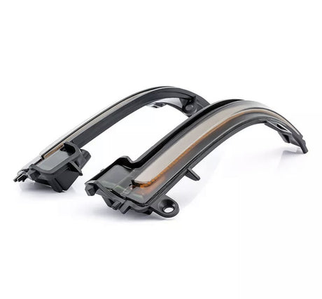 Two sleek, black car side mirror LED strips sit angled, designed to enhance visibility, placed against a plain white background.