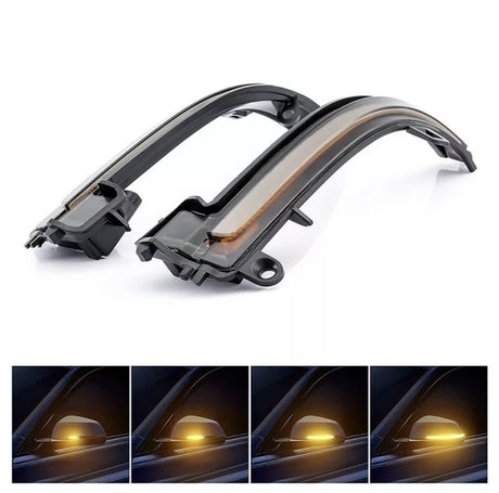 Car side mirror indicators are illuminated sequentially in amber, attached to a vehicle in a dark environment. Four close-up frames show the progressive lighting of the indicators.