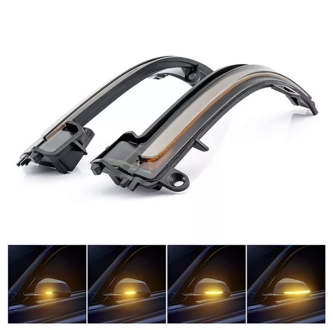 Two curved LED car side mirror lights are shown; they illuminate brightly in sequential panels, demonstrating light activation in a dark automotive setting.