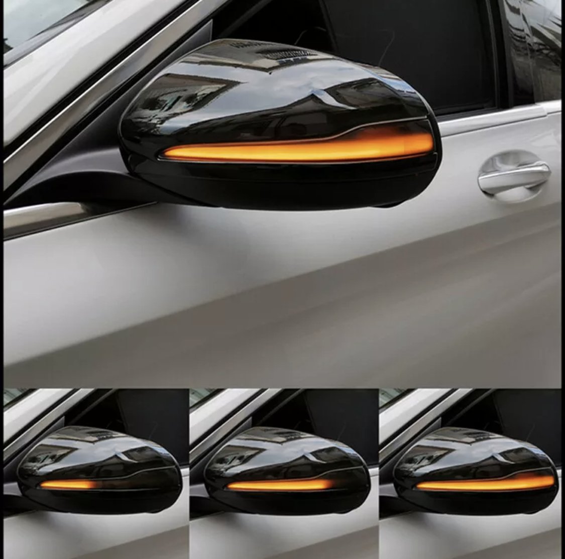A car's side mirror with an integrated amber light blinking sequentially, mounted on a white vehicle, shown in multiple frames captured from the side.