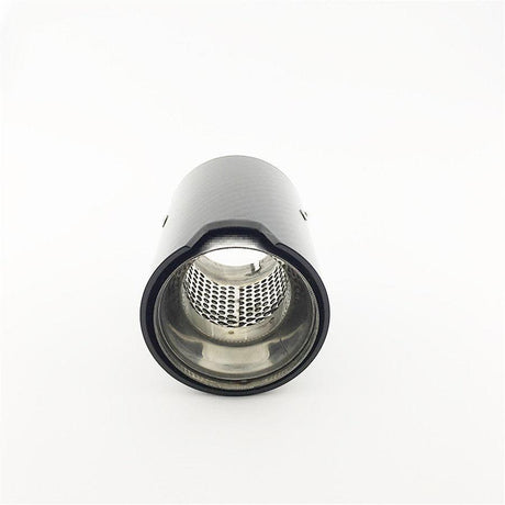 A cylindrical metal exhaust tip with a perforated inner tube, resting upright on a plain white background.