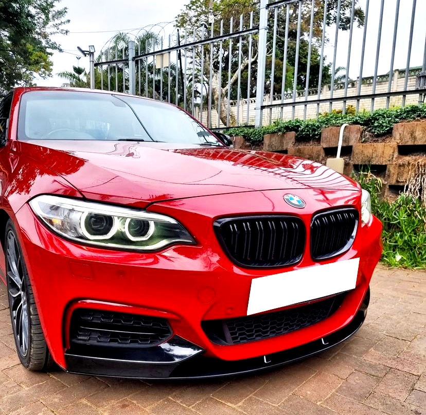 A sleek red BMW car is parked on a paved area, with greenery and a metal fence in the background. The headlights are prominently visible, giving a striking front view.