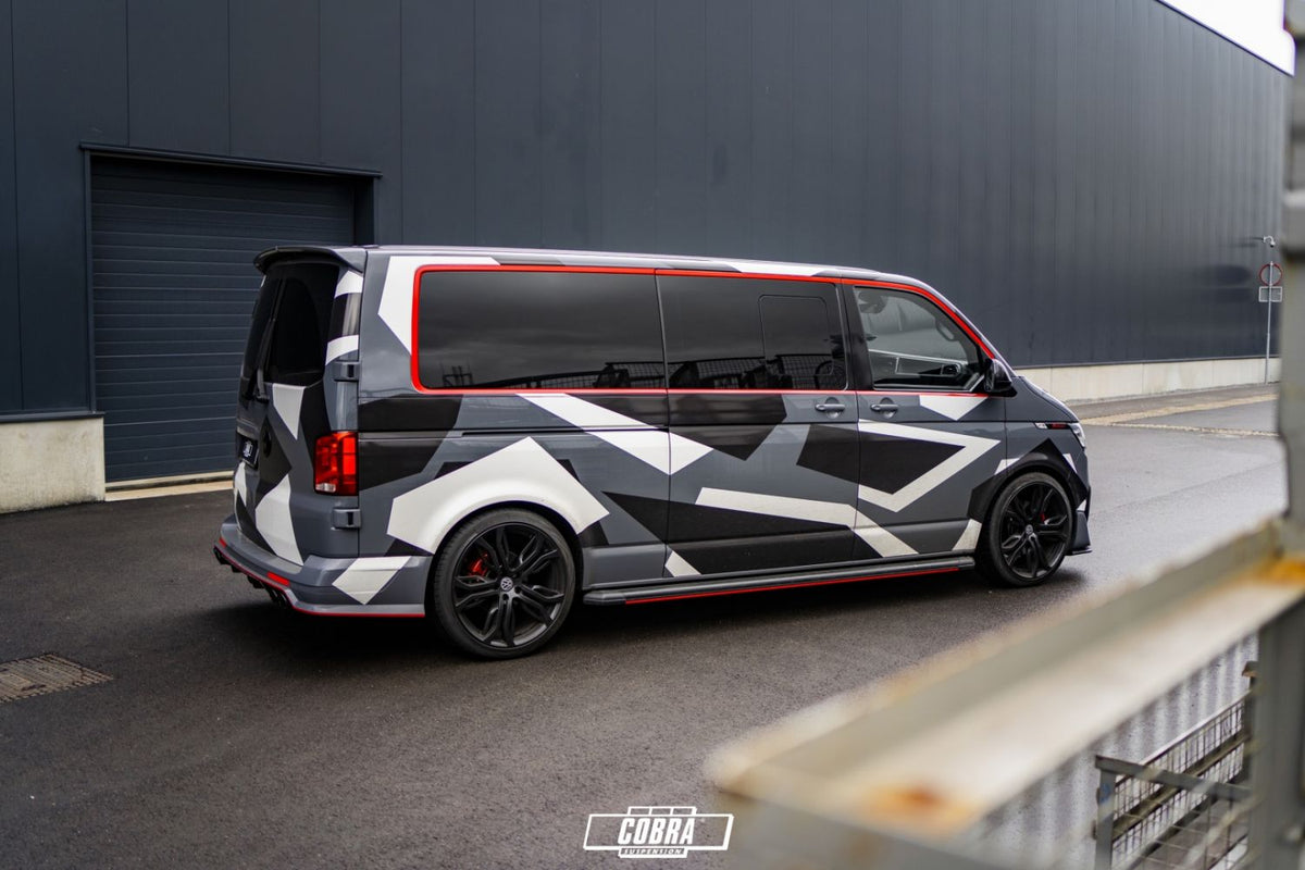 VW Transporter T6.1 with Cobra 55/55mm lowering springs – front wheel arch detail