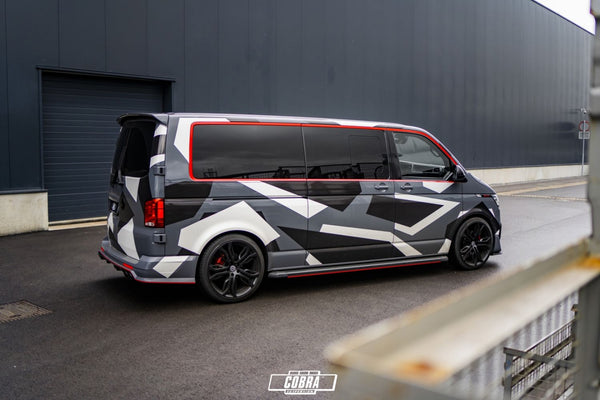 VW Transporter T6.1 with Cobra 55/55mm lowering springs – front wheel arch detail