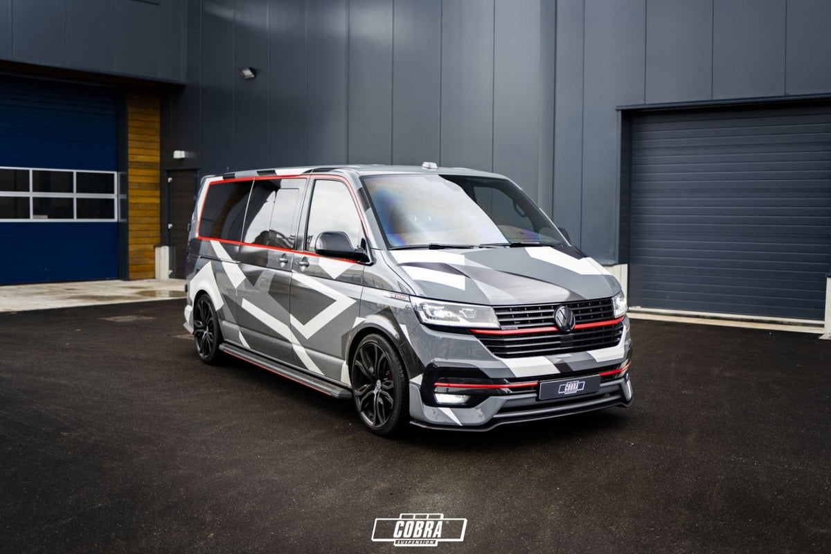 VW Transporter T6.1 lowered with Cobra 55mm springs – rear three-quarter view