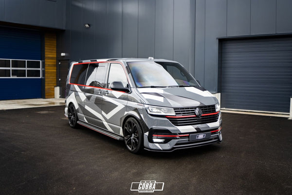 VW Transporter T6.1 lowered with Cobra 55mm springs – rear three-quarter view
