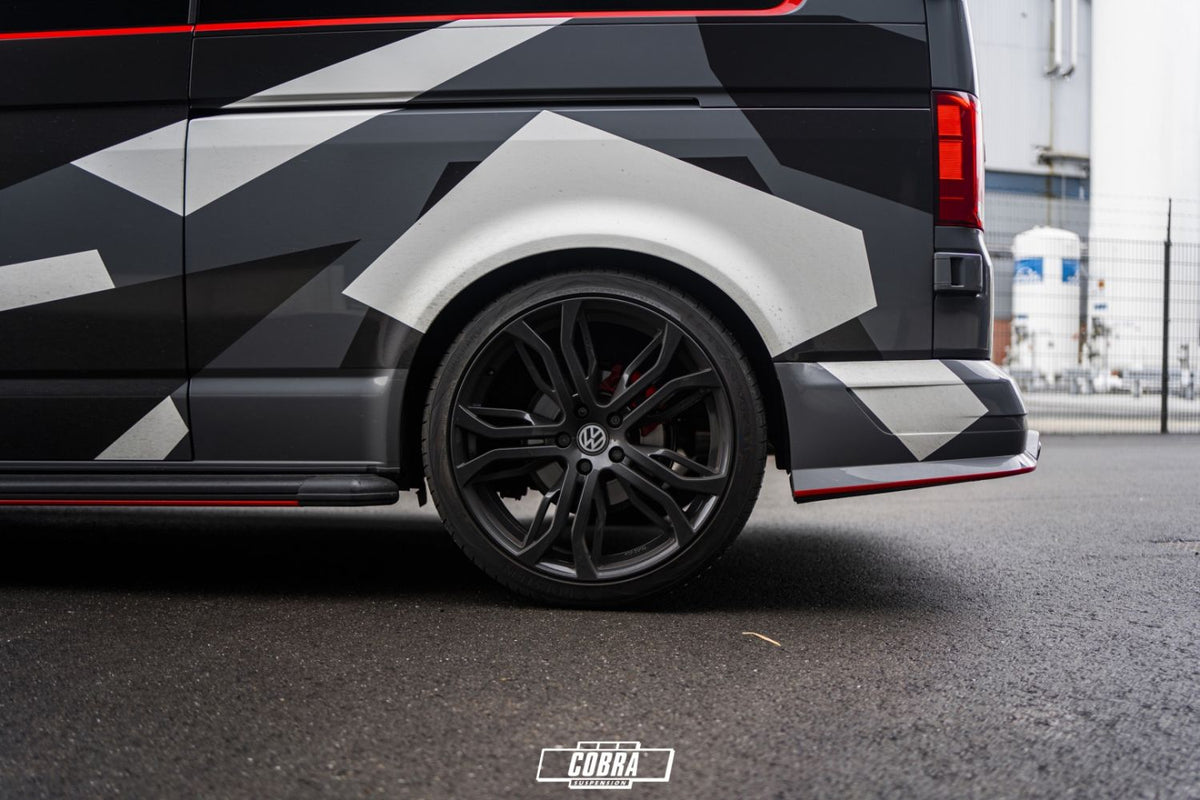 VW Transporter T6.1 lowered rear wheel arch – Cobra 55mm lowering springs installed
