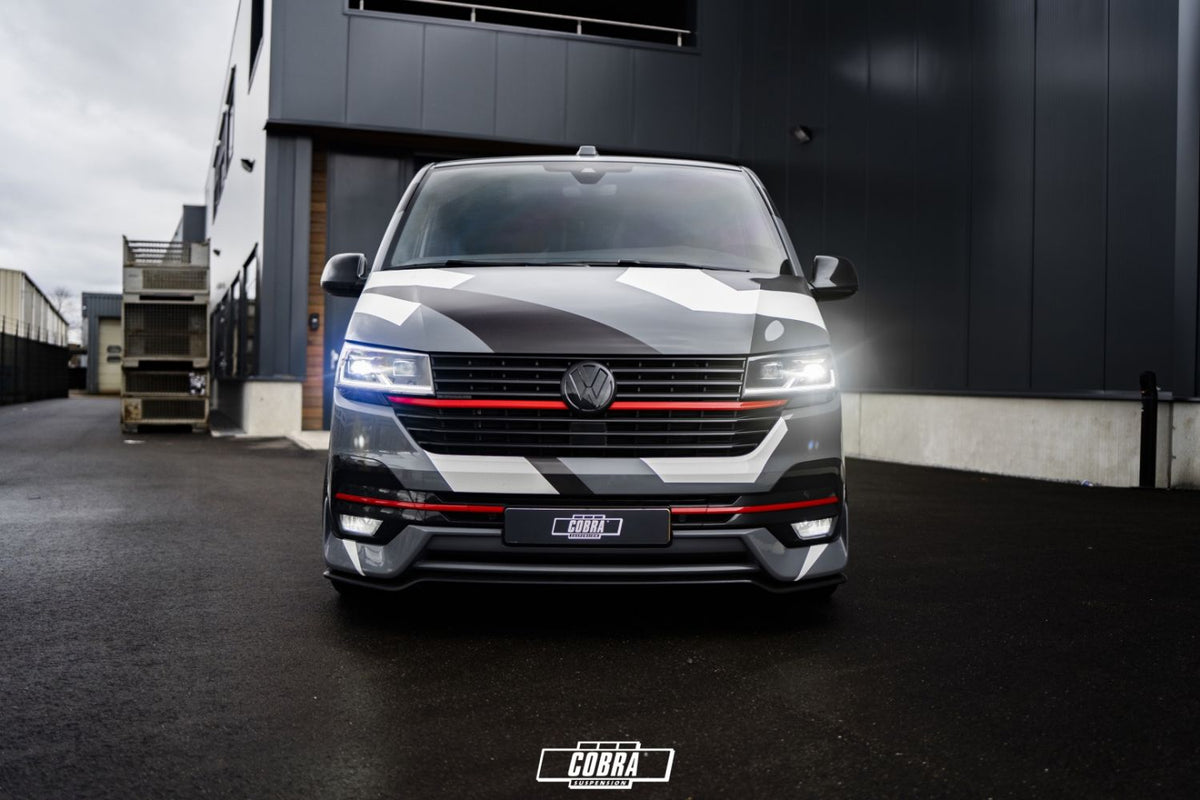 VW Transporter T6.1 with Cobra lowering springs – front three-quarter lowered profile