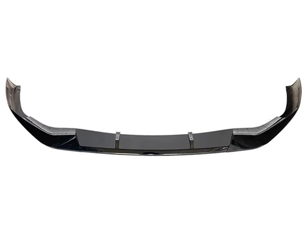 A black car front lip spoiler is shown with an aerodynamic design, featuring upward curves at the ends. It is on a plain white background.