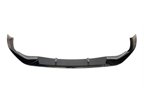 A black car front lip spoiler is shown with an aerodynamic design, featuring upward curves at the ends. It is on a plain white background.
