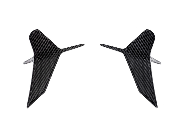 Two symmetrical, carbon fiber aerodynamic winglets are displayed, pointing slightly outward, set against a plain white background.