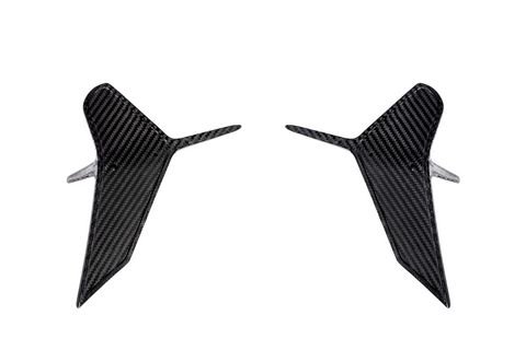 Two symmetrical, carbon fiber aerodynamic winglets are displayed, pointing slightly outward, set against a plain white background.