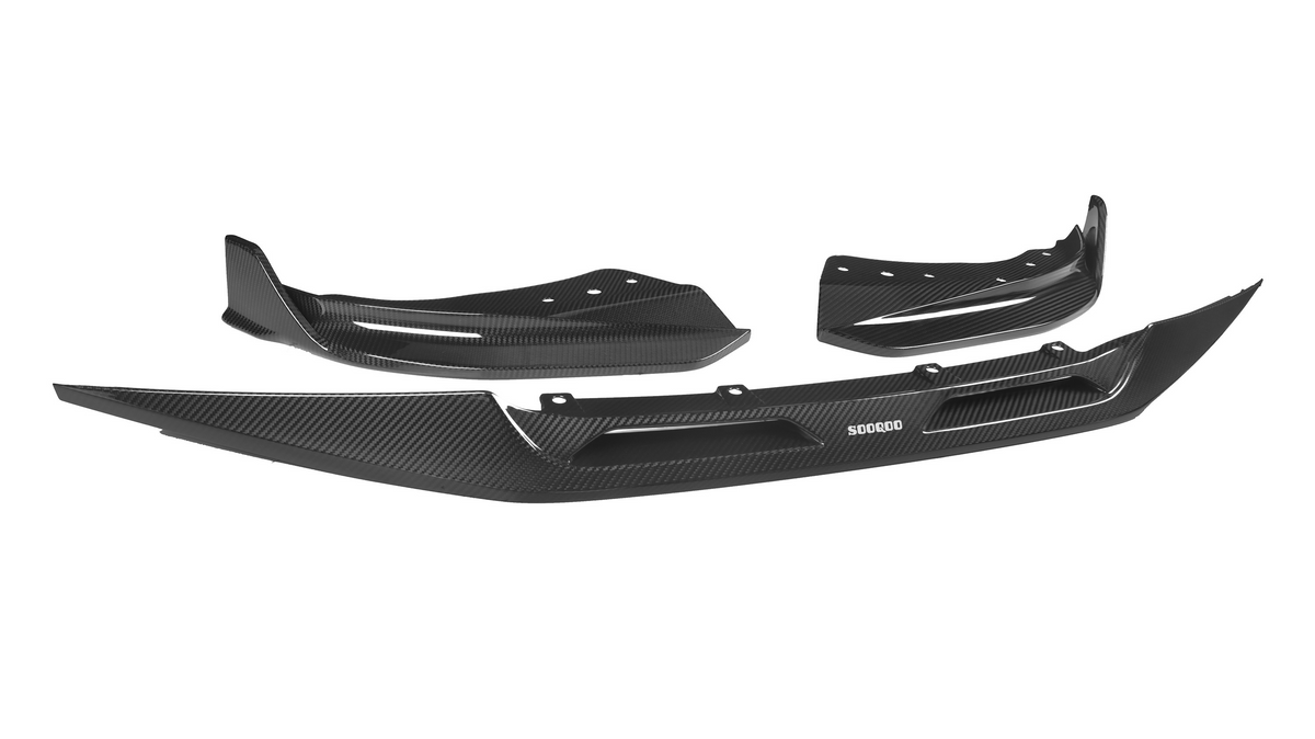 Black carbon fiber car bumper with aerodynamic design, composed of three parts. Positioned against a white background, the text reads "SODQOO" on the central piece.