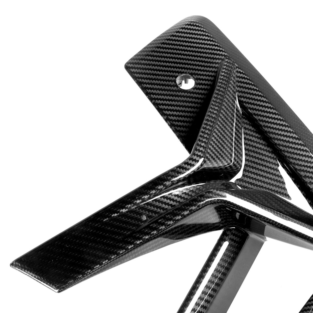 Carbon fiber bike frame features angled, sleek lines with a glossy finish, set in a stark white studio background highlighting its modern, high-performance design.