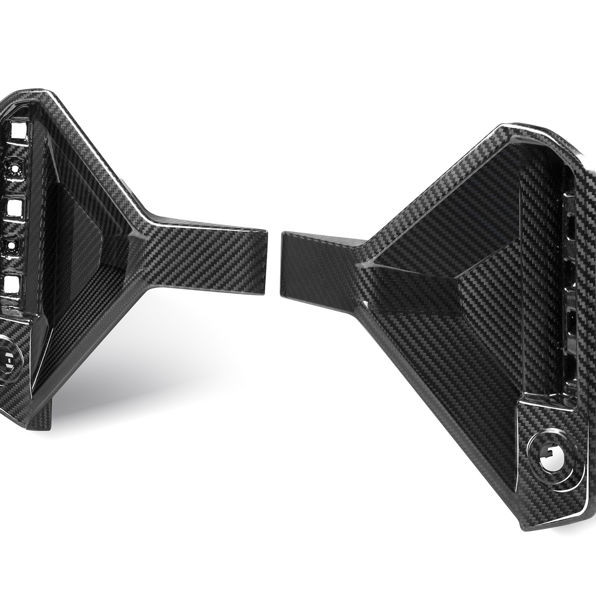 Carbon fiber bracket with geometric design, displaying attachment points. Positioned on a white background, highlighting its sleek, angular appearance. The material's texture is visibly detailed.