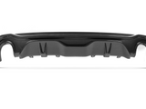 Carbon fiber car rear diffuser, featuring aerodynamic contours and cutouts, placed against a plain white background.