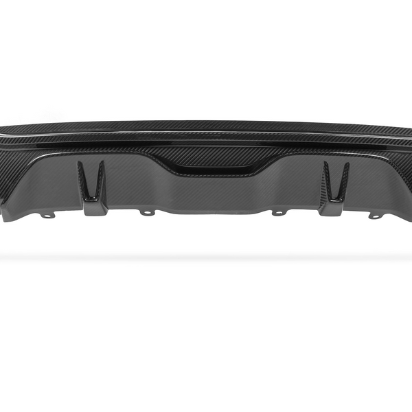 Carbon fiber car rear diffuser, featuring aerodynamic contours and cutouts, placed against a plain white background.