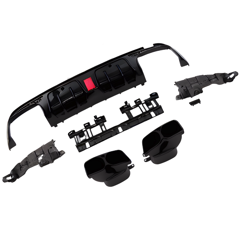 Black car bumper kit with multiple components, including two exhaust tips and mounting brackets, arranged on a white background. The main bumper has a red accent section in the center.