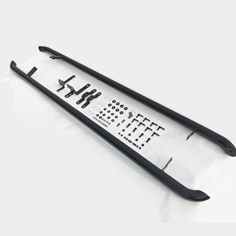 Metal nerf bars with installation components like brackets, bolts, and washers laid out systematically on a white surface, indicating a vehicle accessory setup context.