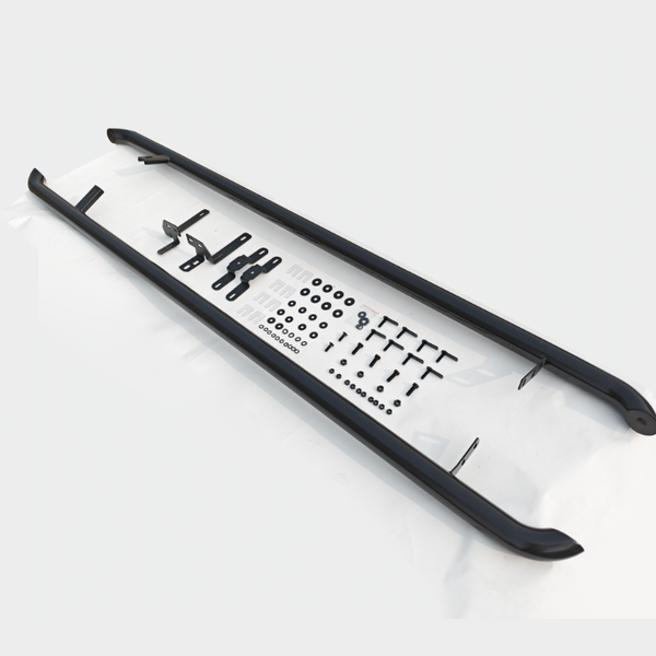 Metal nerf bars with installation components like brackets, bolts, and washers laid out systematically on a white surface, indicating a vehicle accessory setup context.