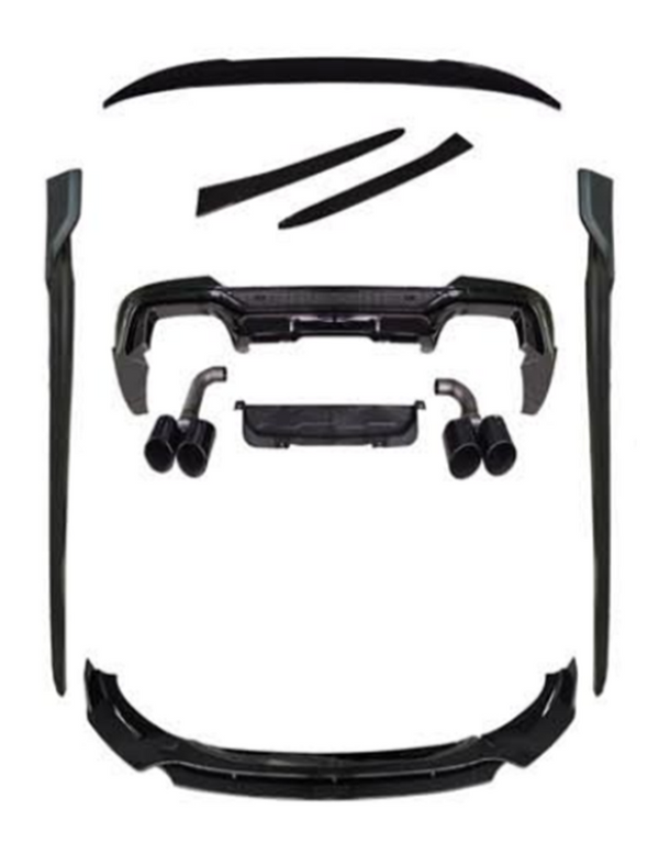 A set of black car body kit components, including bumpers, side skirts, and exhaust tips, are arranged on a white background, showcasing various parts for vehicle customization.