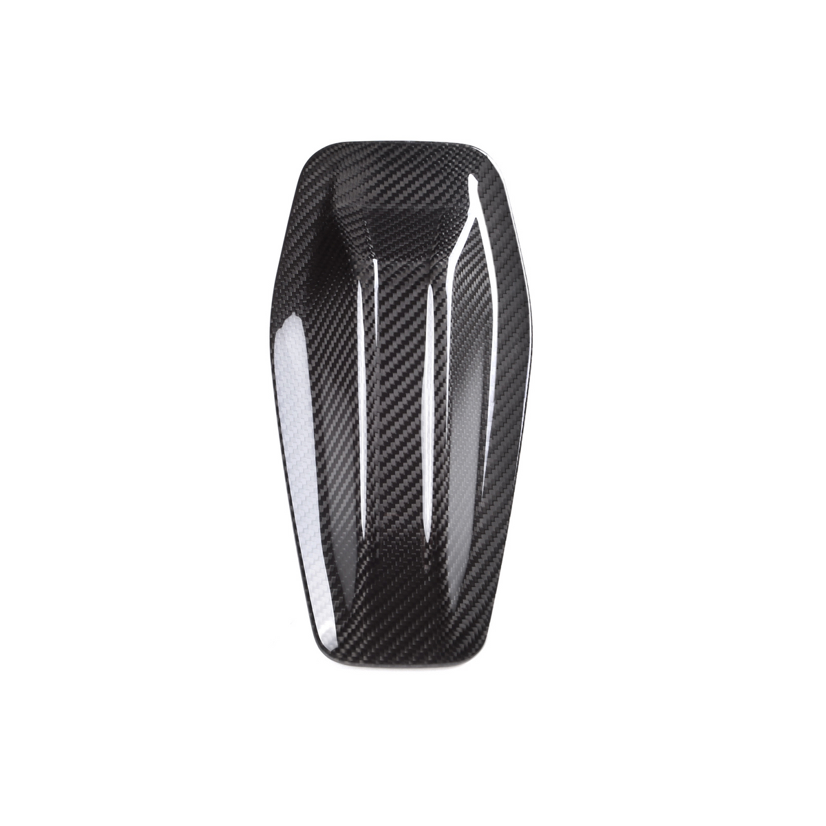 A sleek, elongated carbon fiber object resting against a plain white background. The object features a glossy, patterned surface with curved edges and subtle indentations.