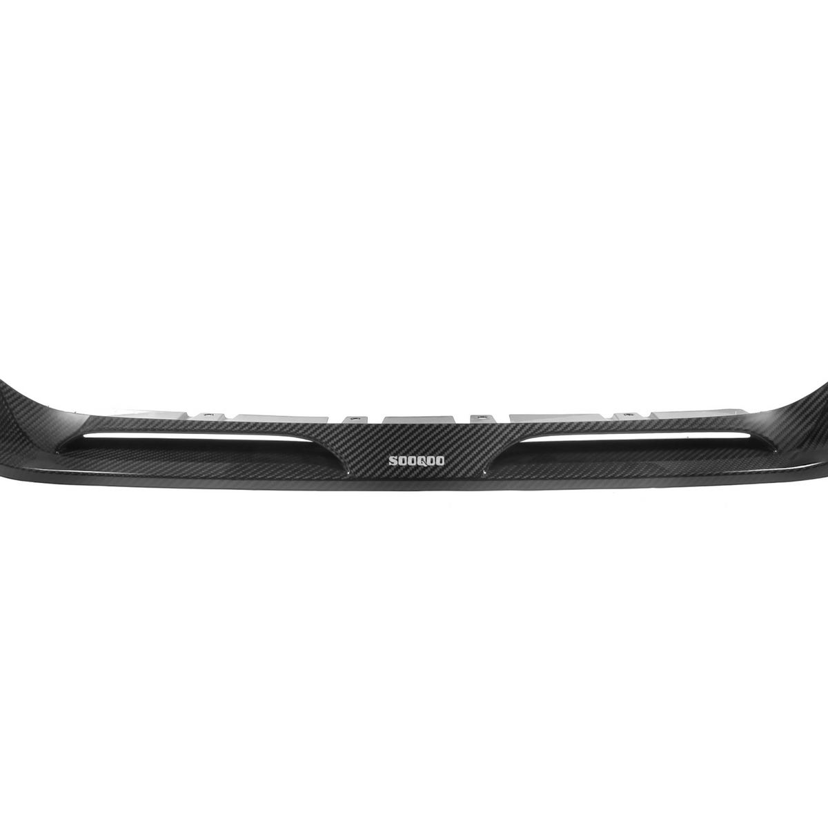 Carbon fiber car lip spoiler, displaying aerodynamic design, placed on a plain white background. Text in the center reads "SOOCOO," emphasizing the brand.