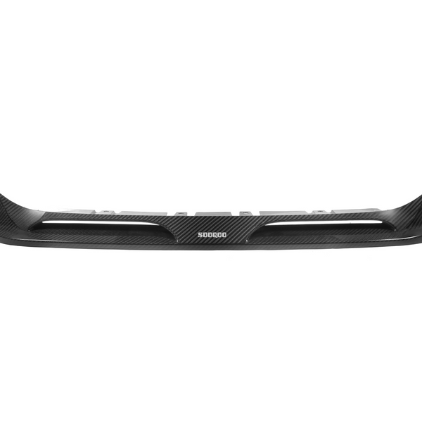 Carbon fiber car lip spoiler, displaying aerodynamic design, placed on a plain white background. Text in the center reads "SOOCOO," emphasizing the brand.