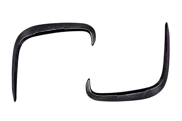 Two carbon fiber car accessories, shaped like elongated curved hooks, are set against a plain white background, highlighting their sleek, glossy texture and intricate pattern.