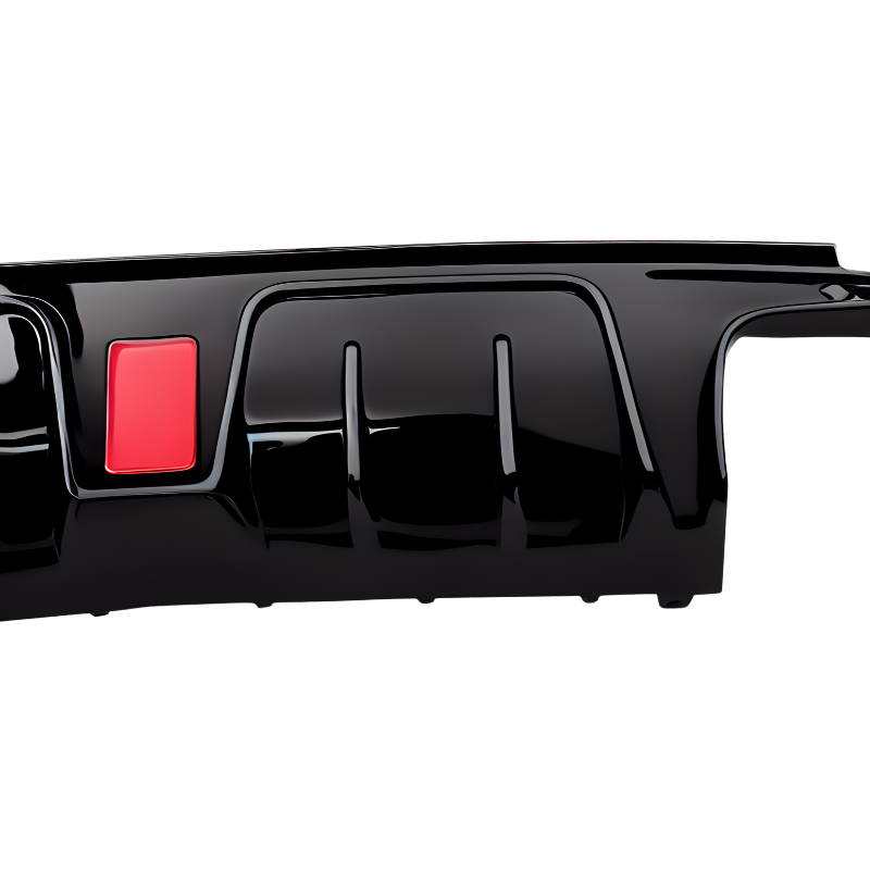 A glossy black car bumper with a red rectangular detail on the left side, set against a plain white background.