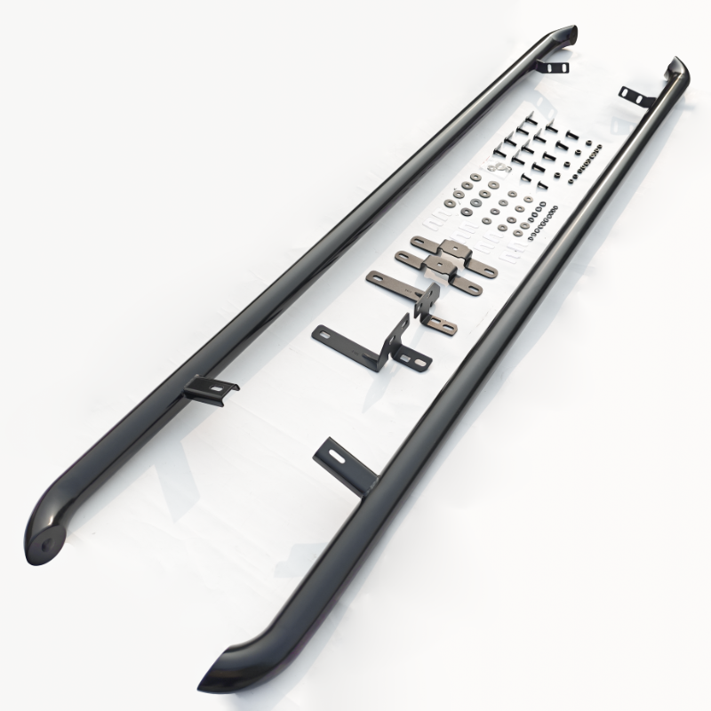 Metal side steps and brackets are arranged on a white background, with various bolts, washers, and mounting pieces neatly aligned, suggesting they are ready for assembly or installation.