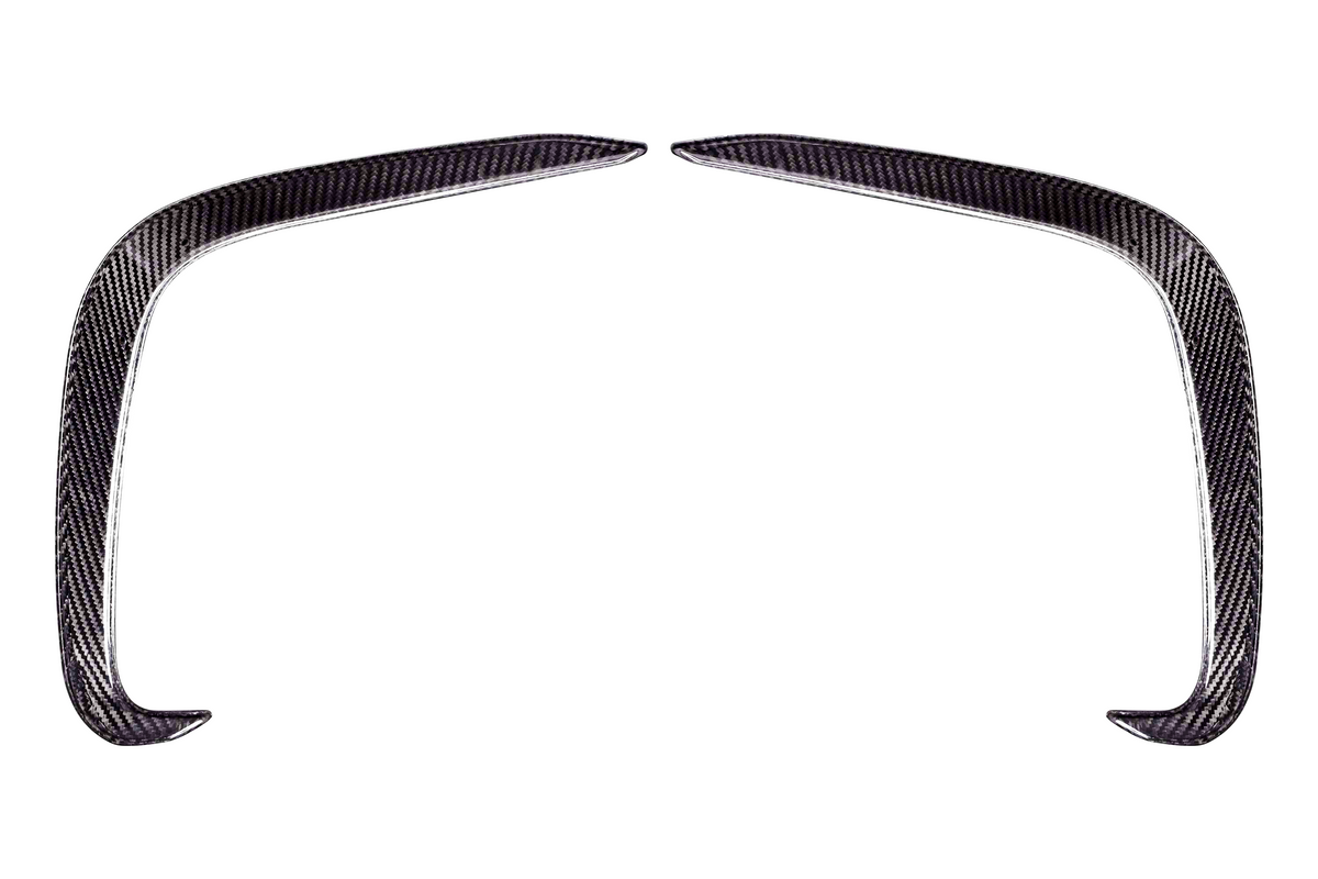 Two curved carbon fiber pieces form an arch-like shape, positioned symmetrically on a white background. They appear sleek and aerodynamically designed.