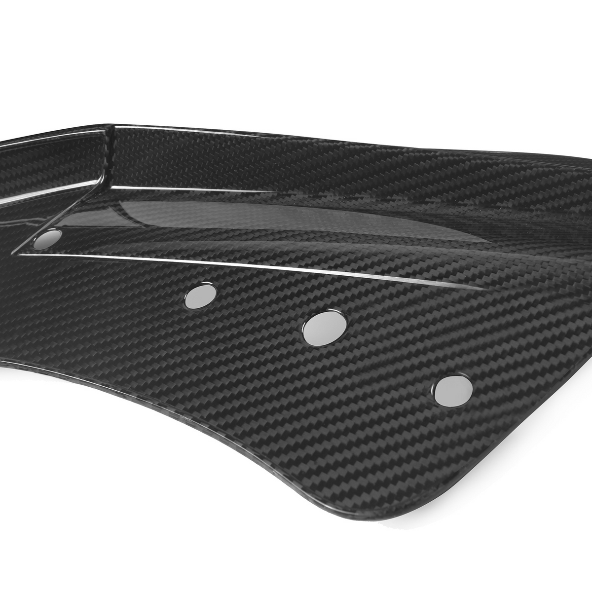 A curved carbon fiber component with four round holes is positioned against a plain white background, displaying a glossy, textured finish.