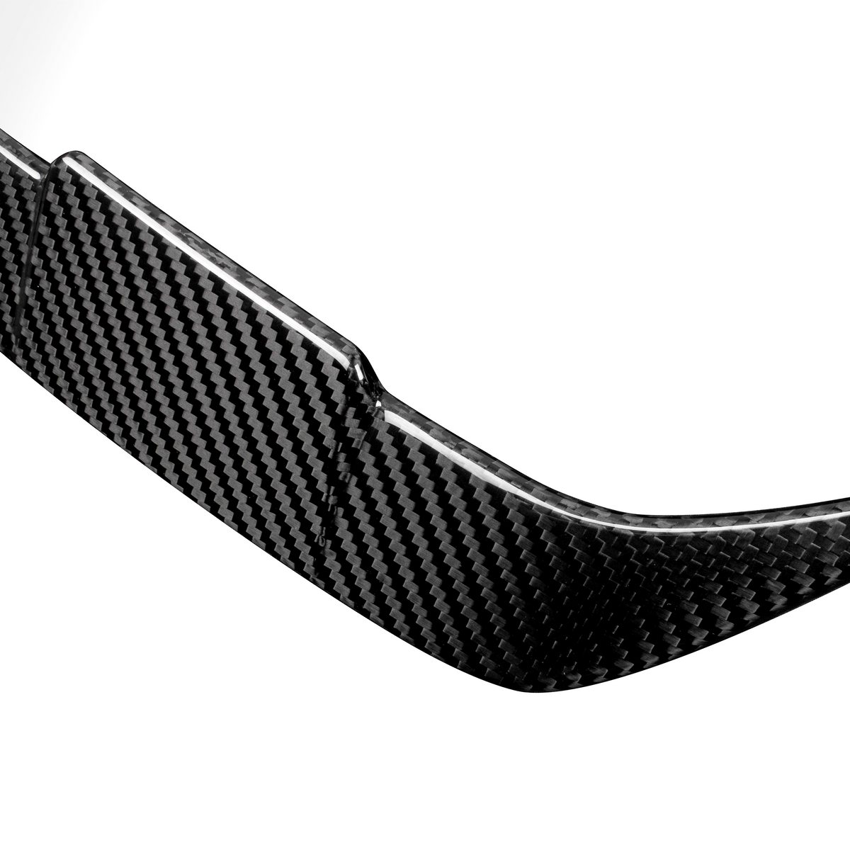 Curved, black carbon fiber car spoiler with a glossy finish; positioned against a white background, emphasizing its sleek, aerodynamic design.