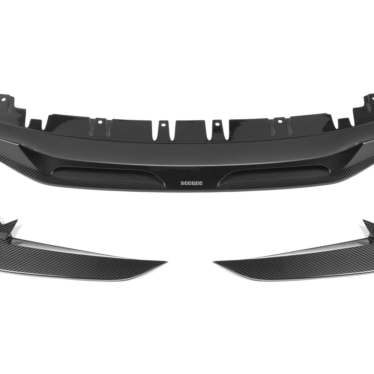 Carbon fiber car splitter pieces arranged on a plain background, with the word "SOOROO" visible on the central component.