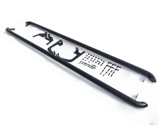 A long black metal side step with mounting brackets and various screws, bolts, and washers displayed alongside on a white background, ready for vehicle installation.