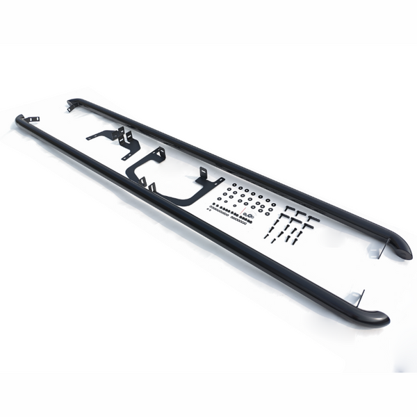 A long black metal side step with mounting brackets and various screws, bolts, and washers displayed alongside on a white background, ready for vehicle installation.
