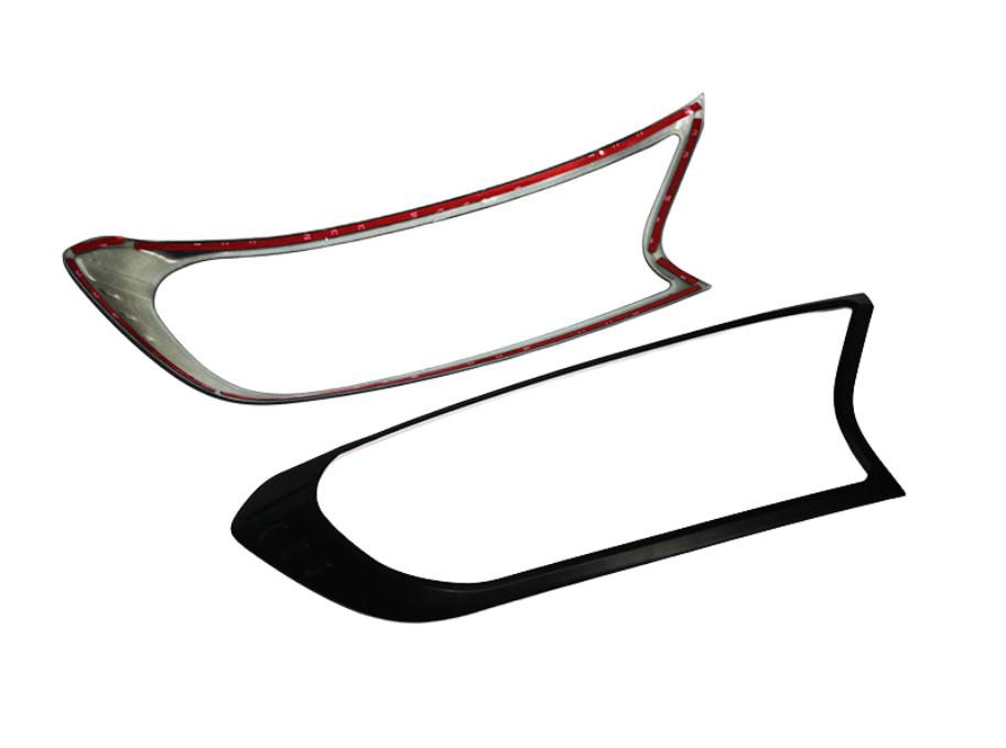 Two car headlight trim pieces are positioned on a white background, one silver with red accents on the edges, and the other black.